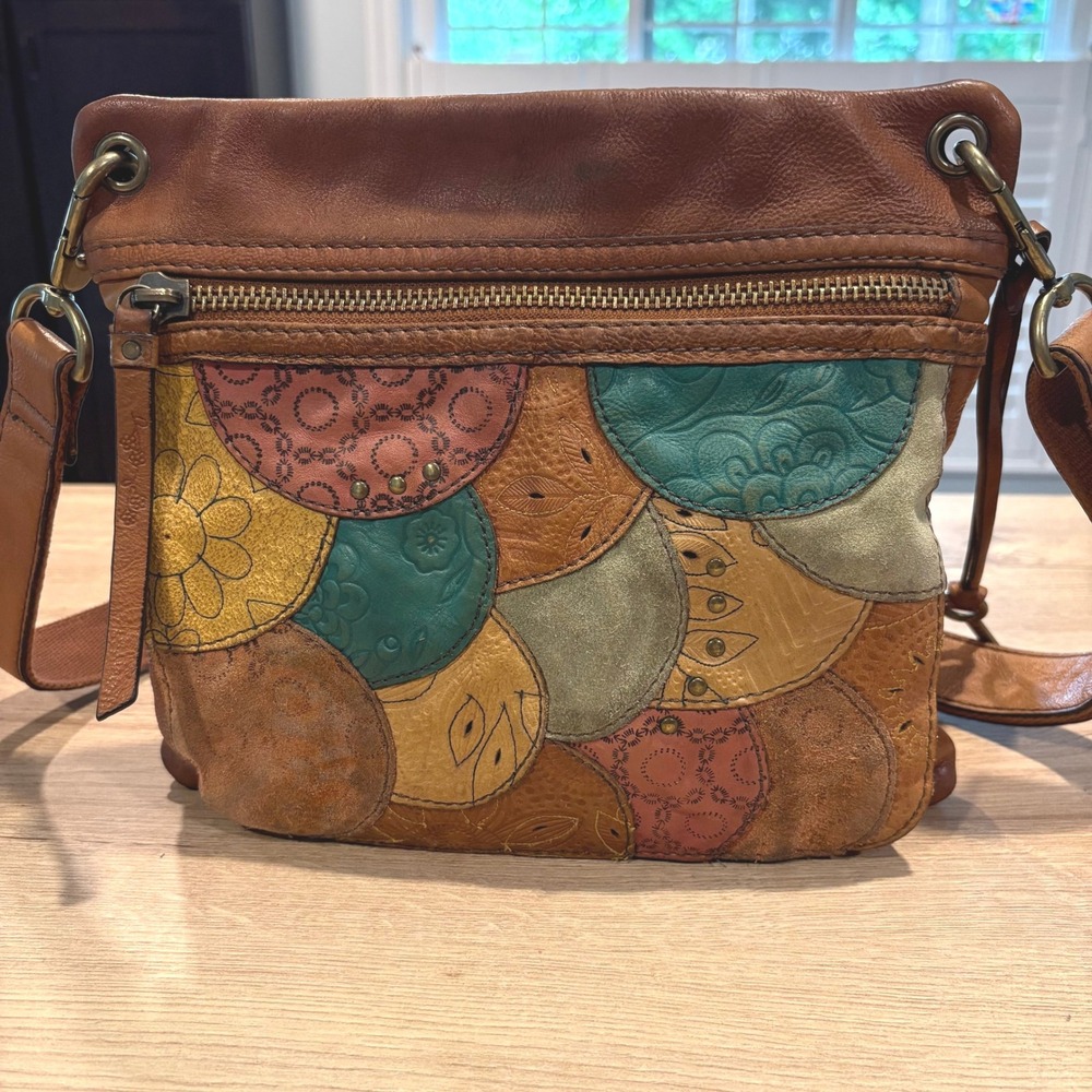 Fossil Brown Patchwork Leather Crossbody Bag Embossed Boho Small Messenger